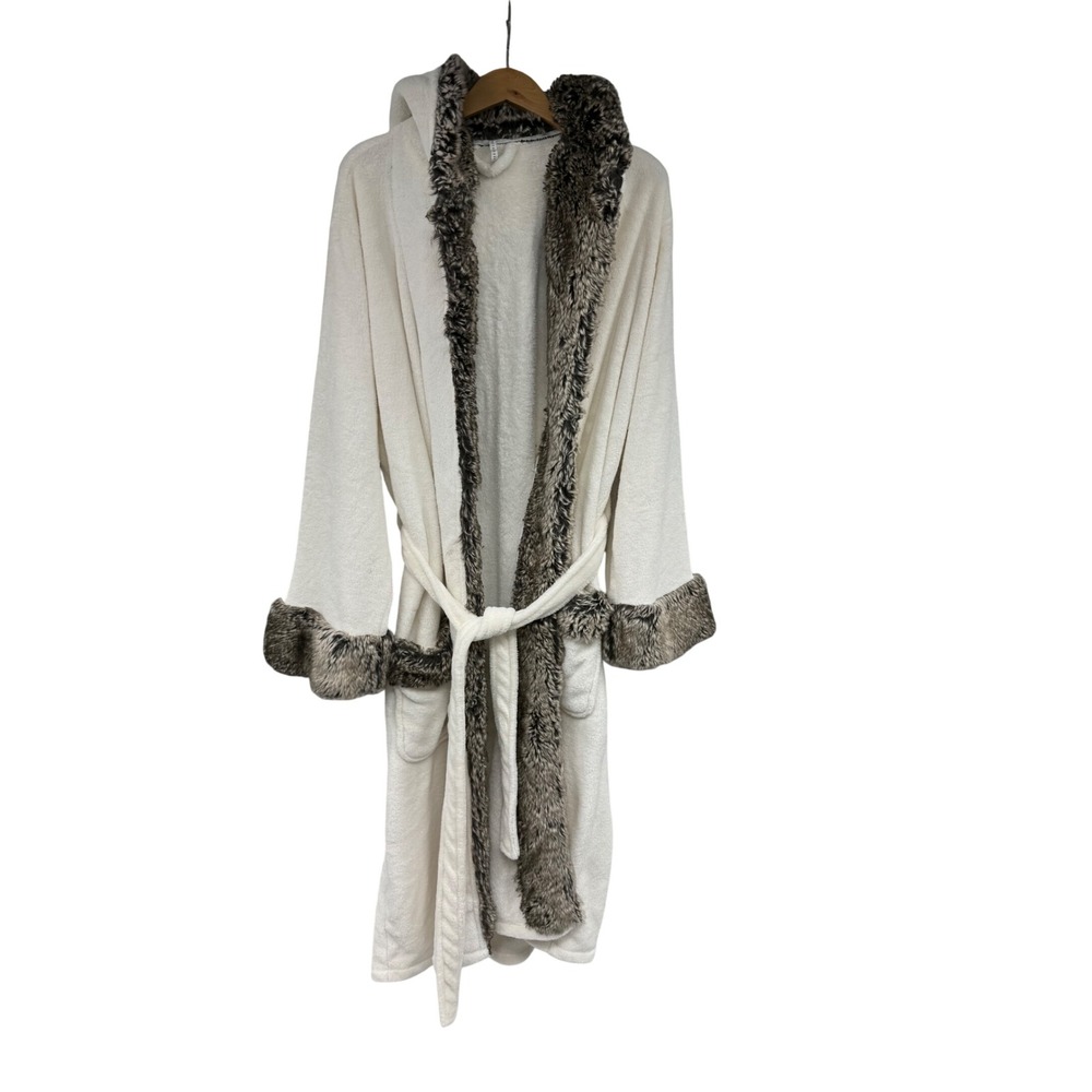 Pottery Barn Ivory Faux Fur Trim Hooded Plush Robe Extra Large XL Bathrobe - Picture 2 of 7